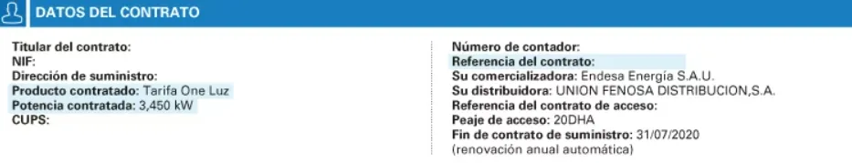 Datos de la factura de Endesa