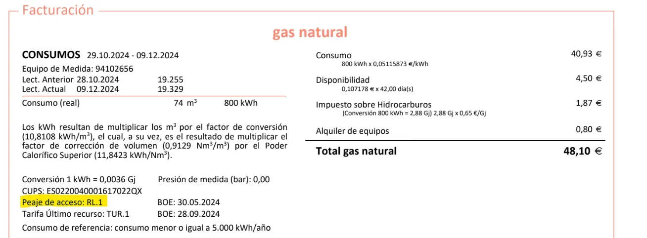 Factura de gas de Baser COR