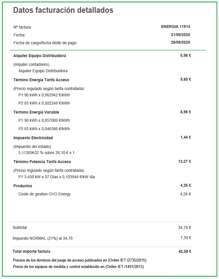 Factura de OVO Energy, ejemplo de factura indexada