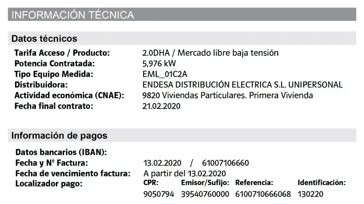 Datos técnicos de la factura de Repsol